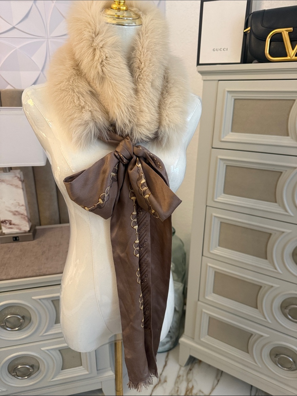 Fox and silk scarf